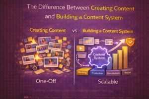 Building a content system illustrated as scalable structure versus one-off content creation