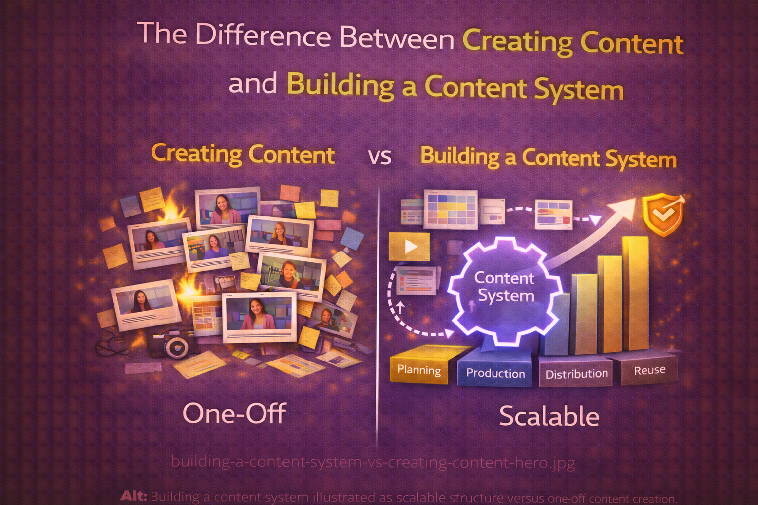 Building a content system illustrated as scalable structure versus one-off content creation