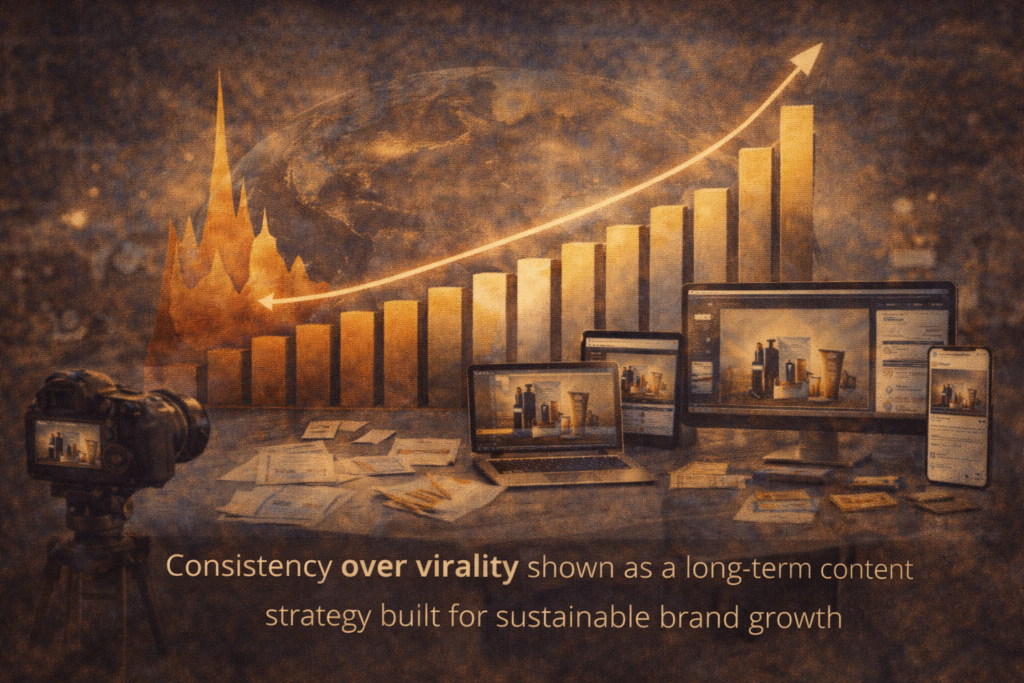Consistency over virality shown as a long-term content strategy built for sustainable brand growth