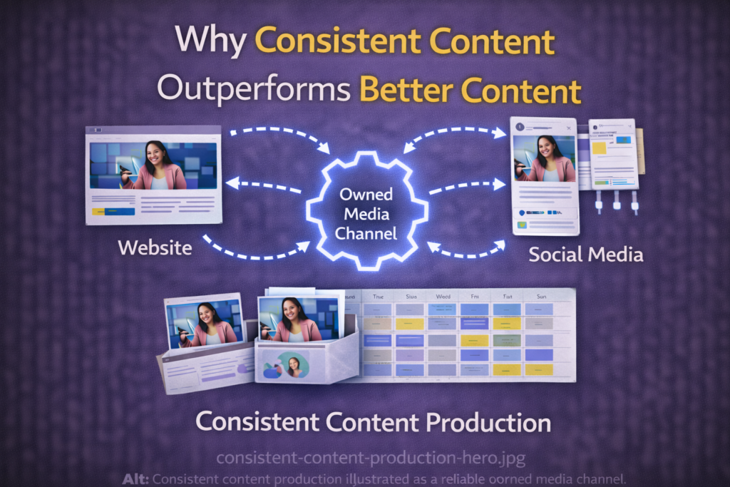 Consistent content production illustrated as a reliable owned media channel