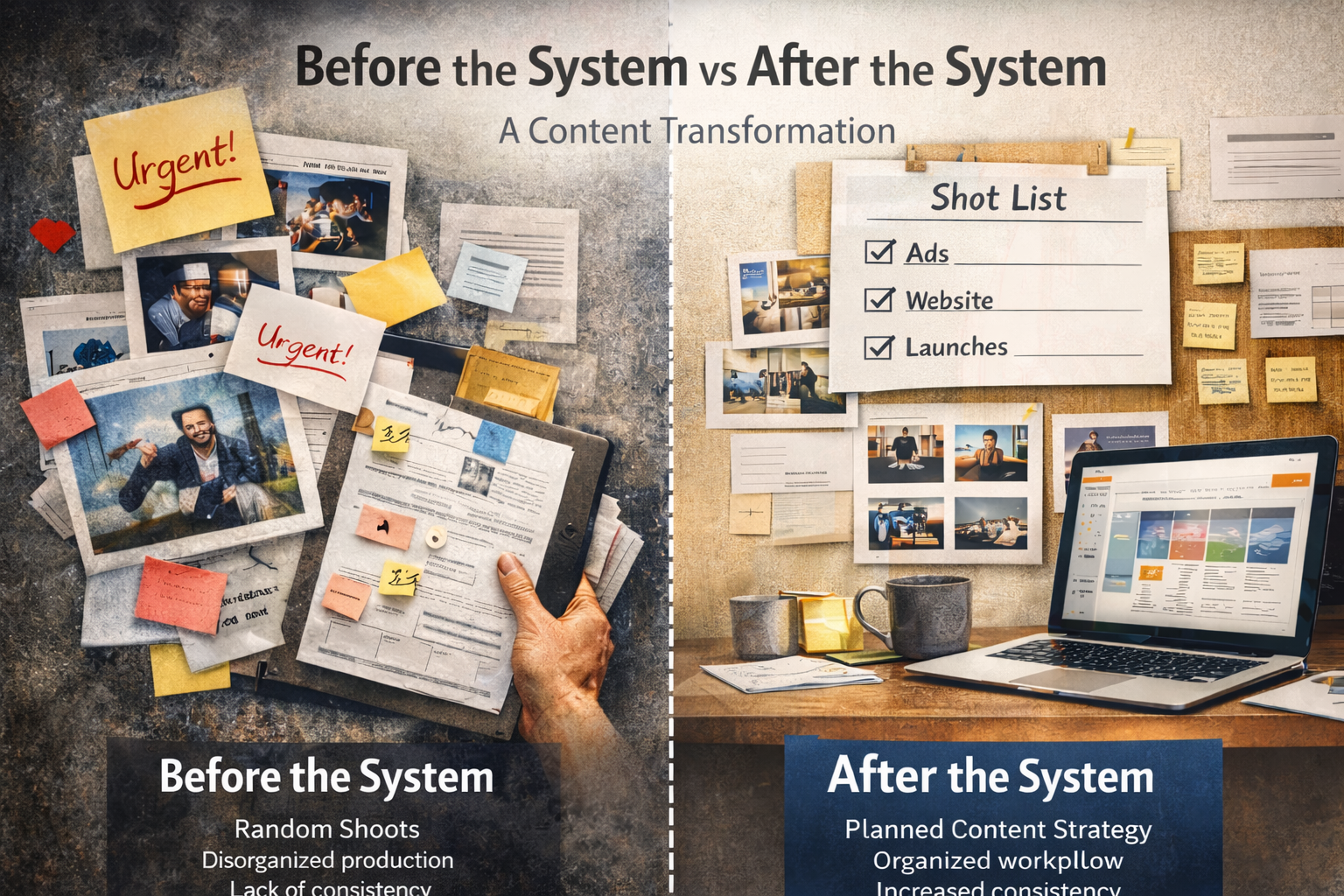 Content system transformation showing the difference between random shoots and a planned content strategy