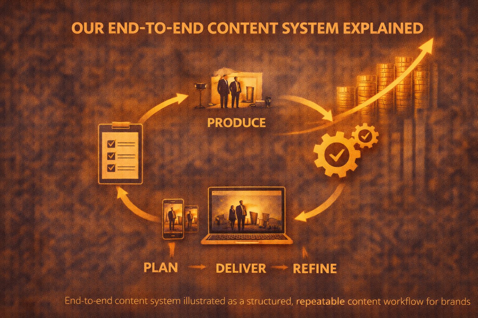 End-to-end content system illustrated as a structured, repeatable content workflow for brands