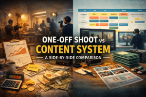 One-off shoot vs content system comparison showing fragmented production versus a scalable marketing content system