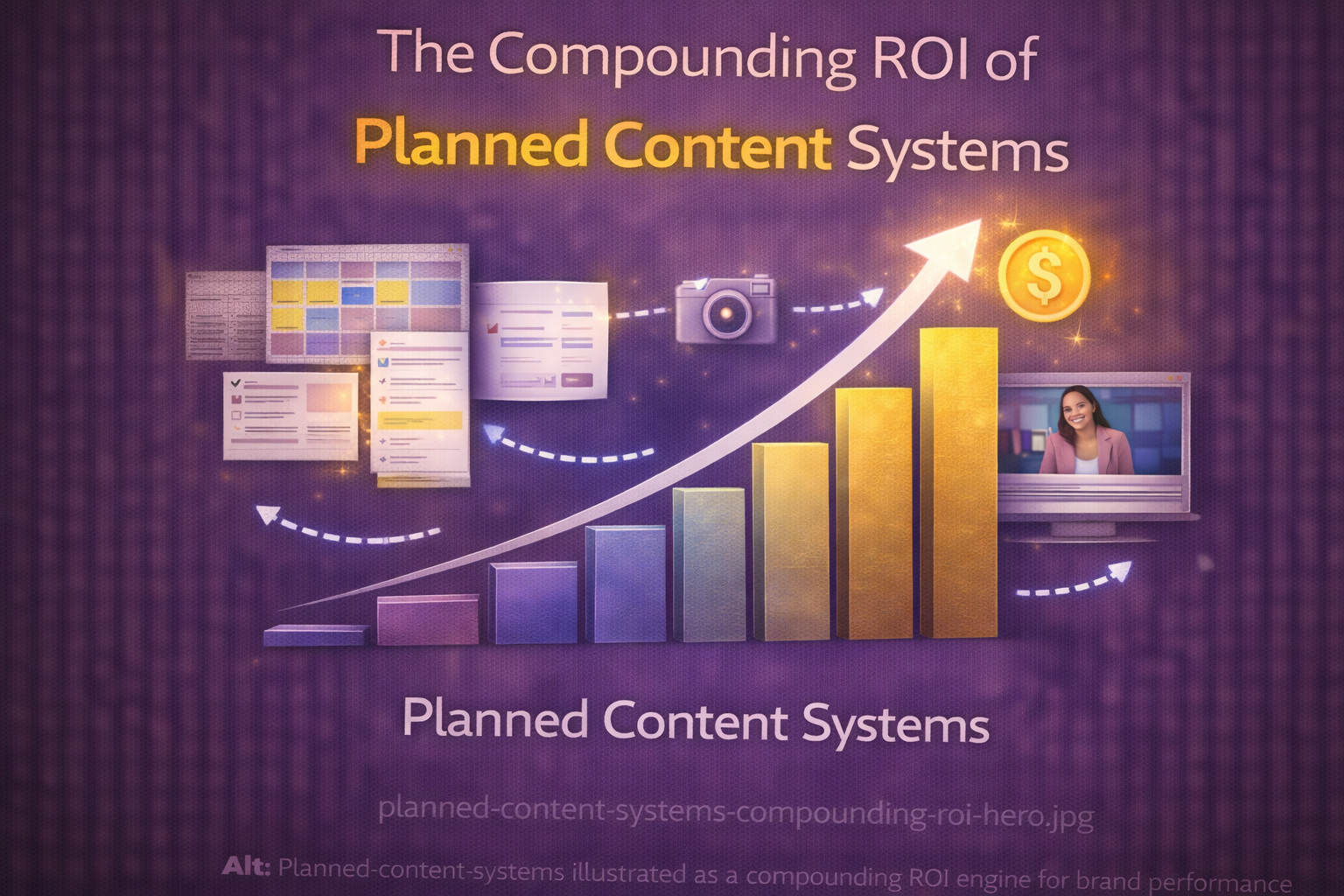 Planned content systems illustrated as a compounding ROI engine for brand performance
