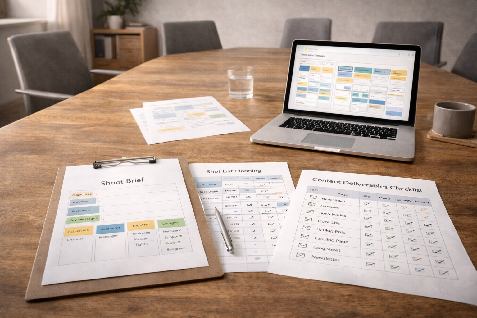 Pre-production content planning session with shoot brief, shot list planning, and deliverables mapped before production