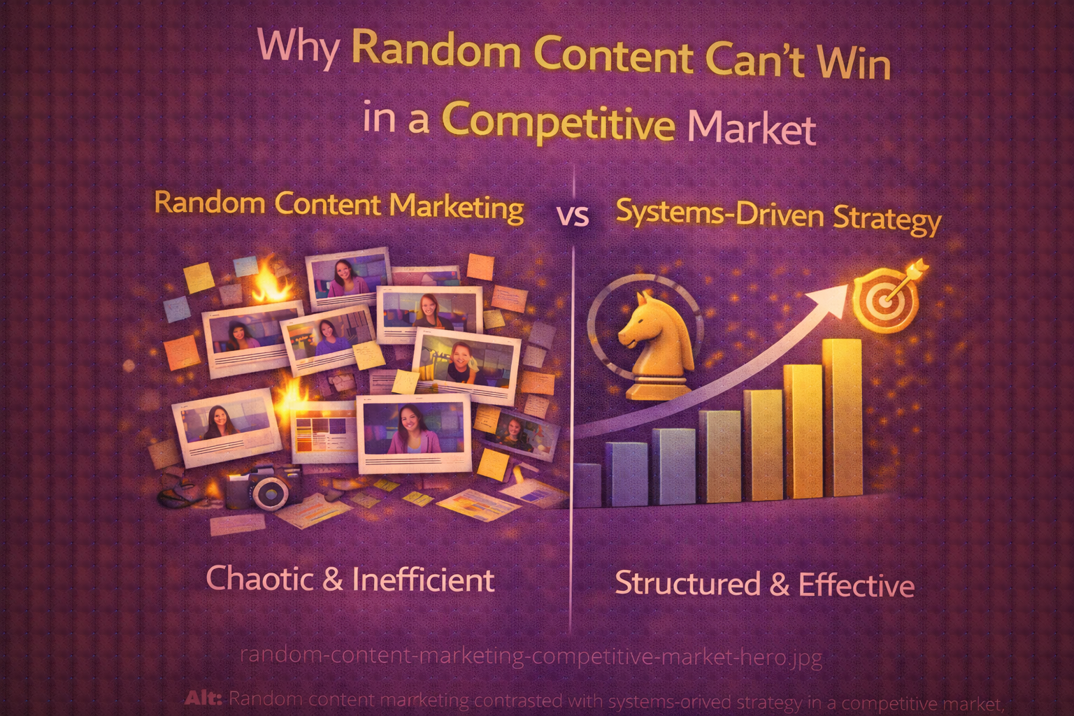 Random content marketing contrasted with systems-driven strategy in a competitive market
