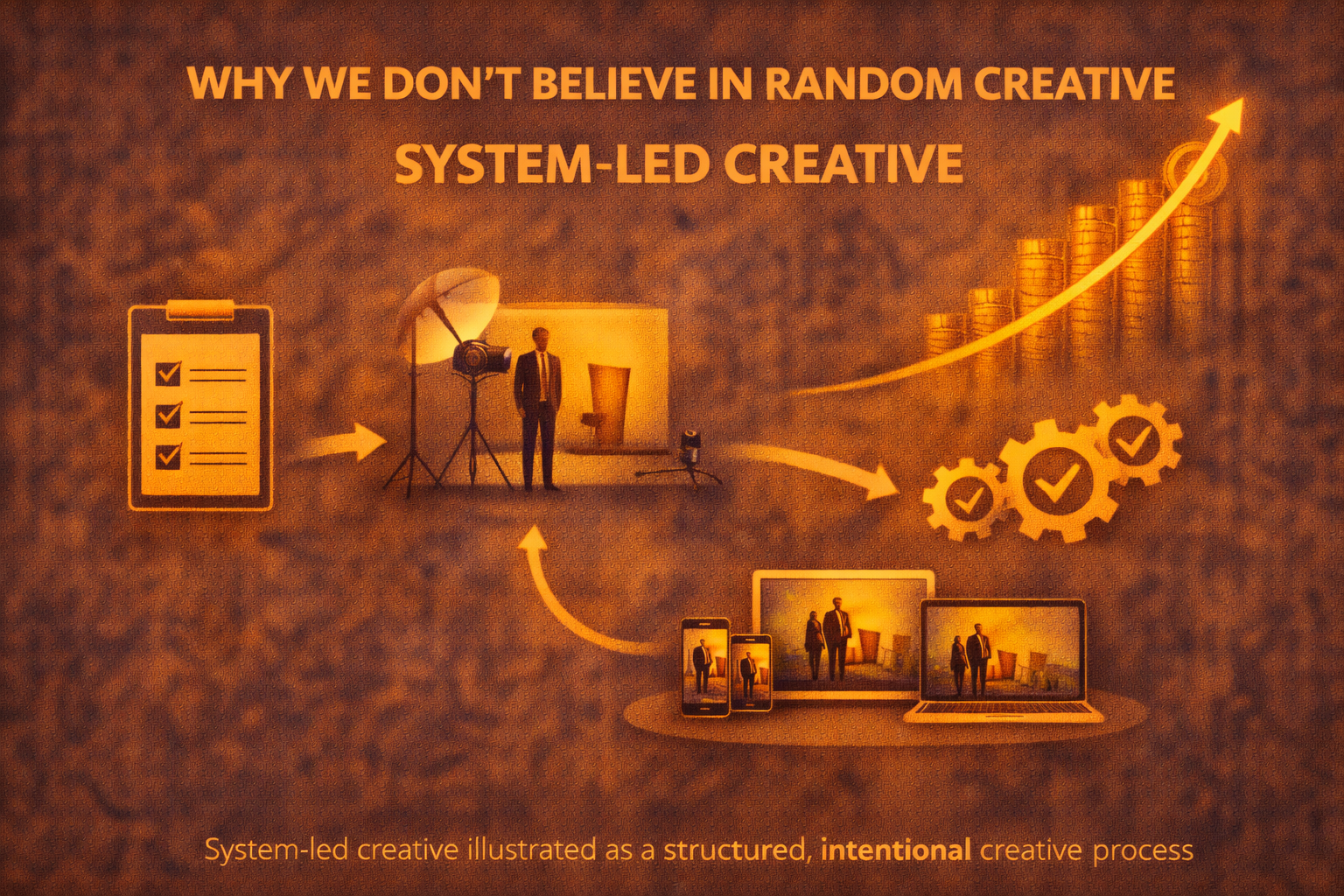 System-led creative illustrated as a structured, intentional creative process