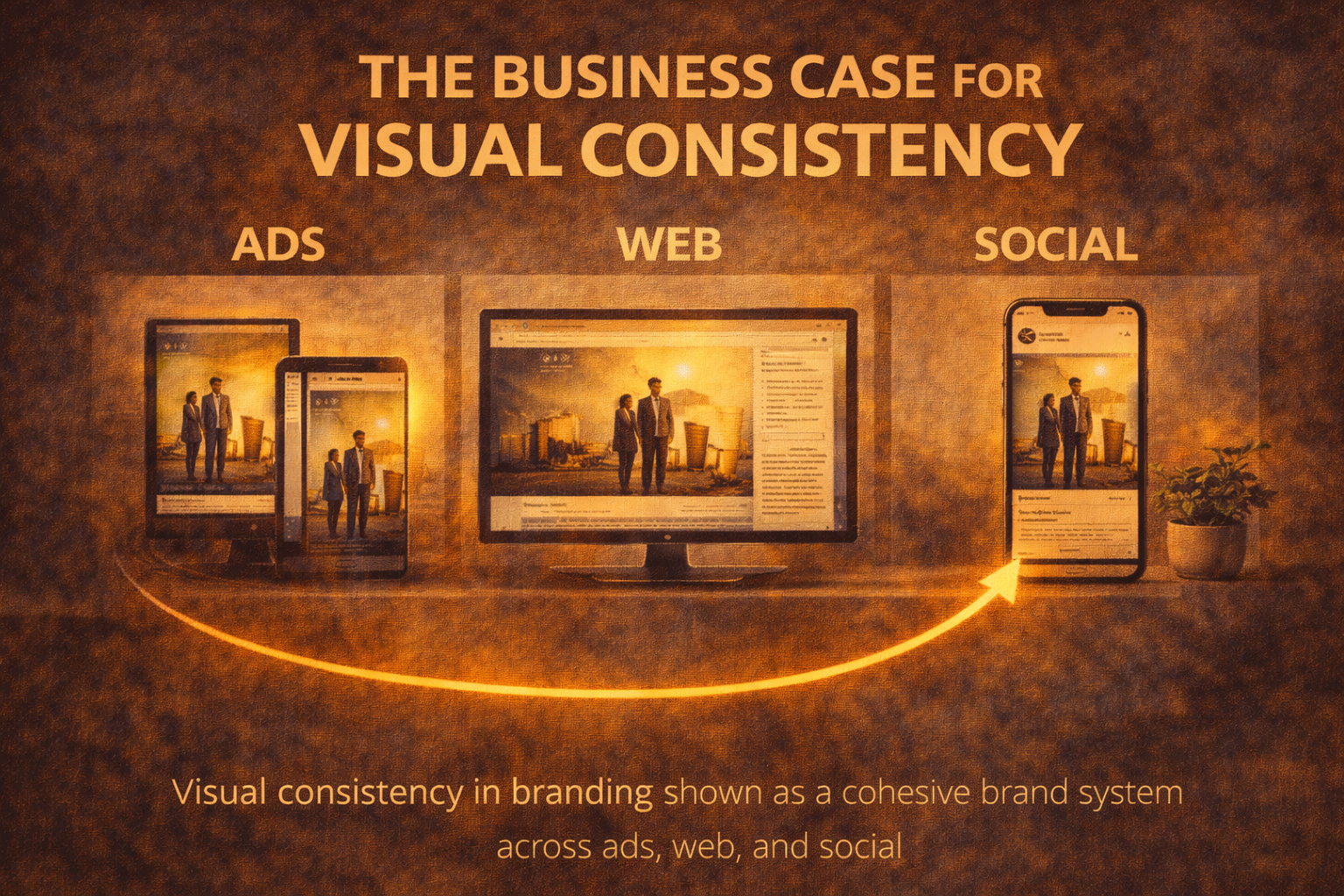 Visual consistency in branding shown as a cohesive brand system across ads, web, and social