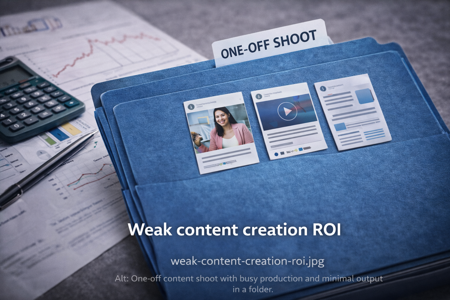 One-off content shoot with busy production and minimal output in a folder.