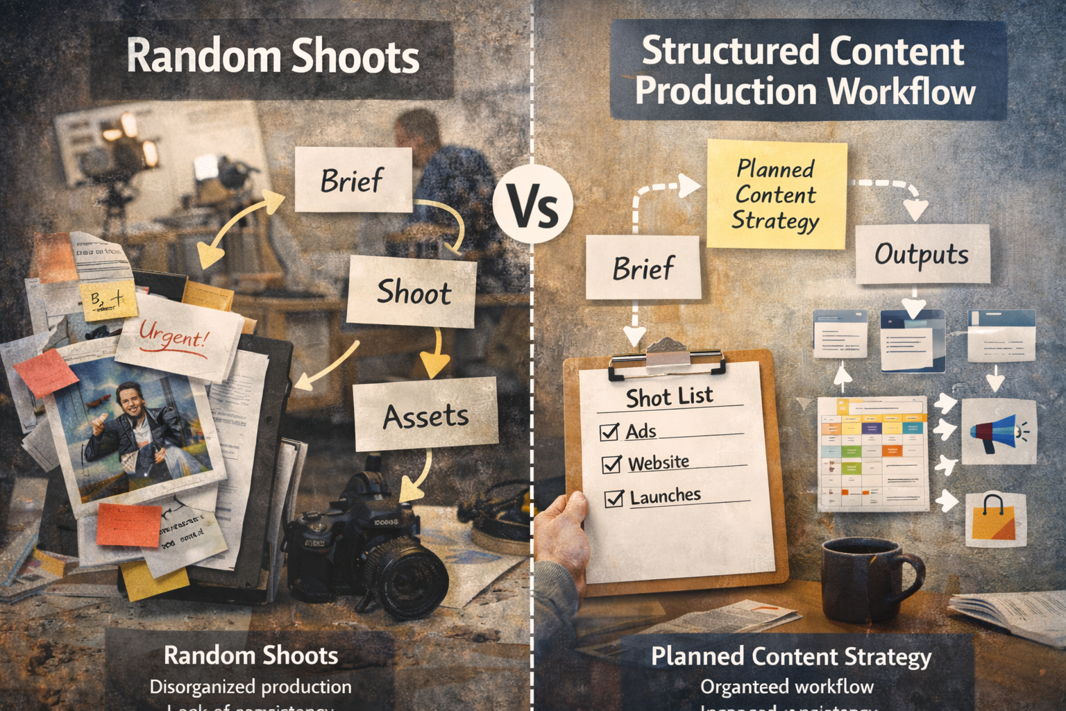 Content system vs random shoots illustrated through a structured content production workflow
