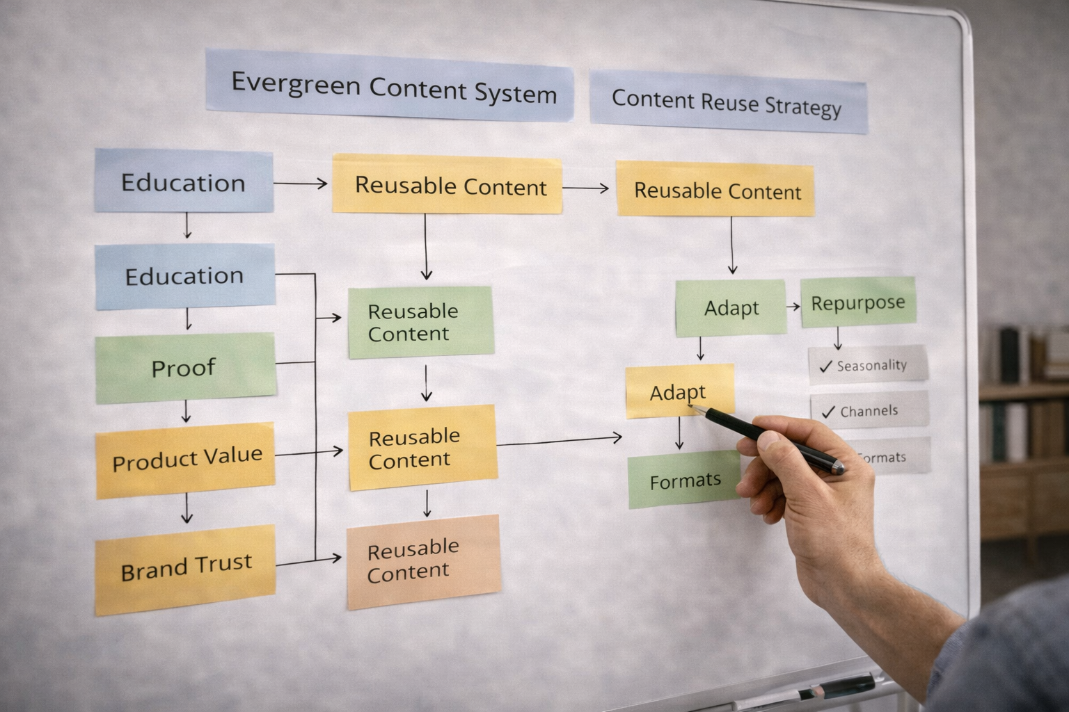 Evergreen content system supported by a content reuse strategy to keep assets relevant for months