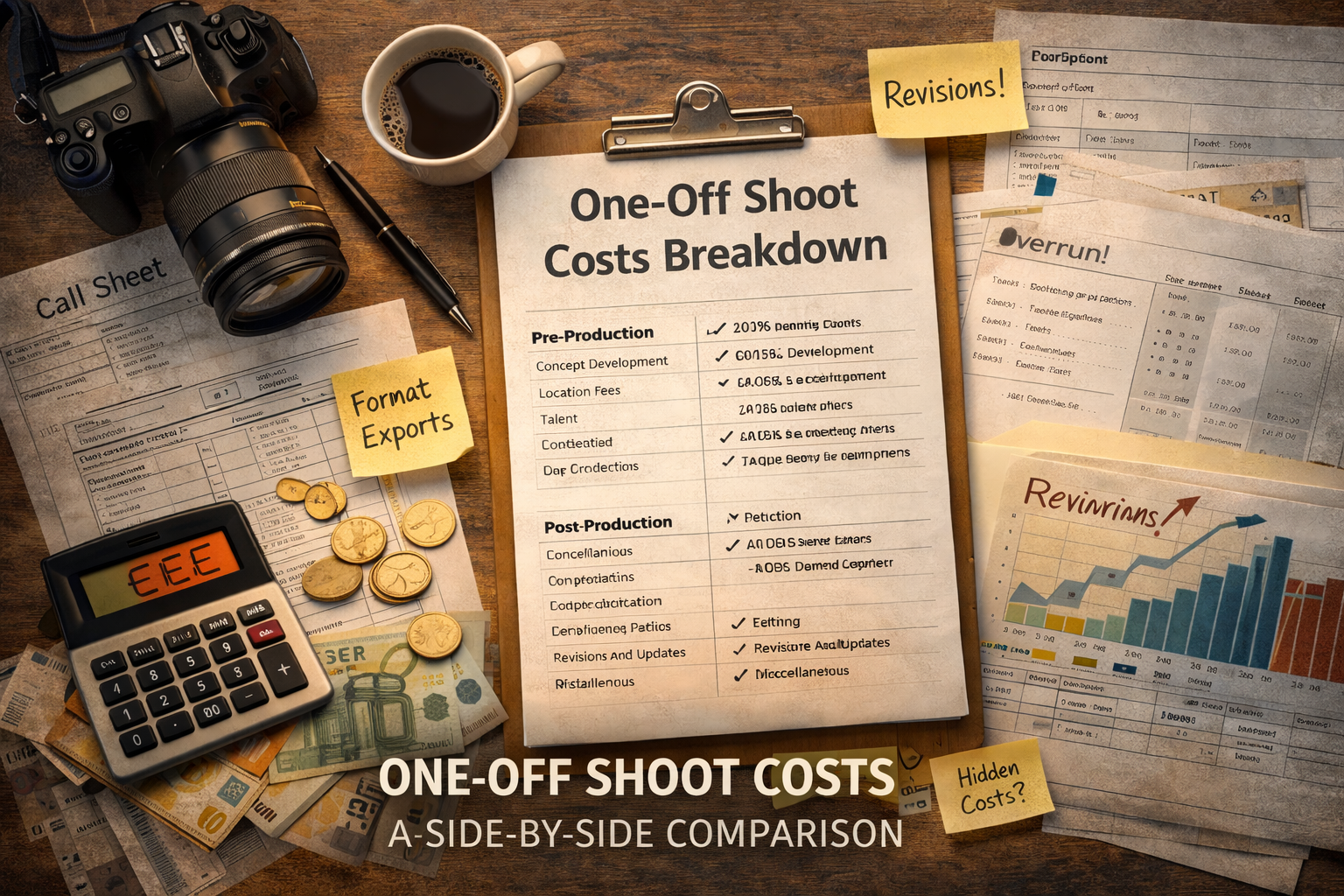 One-off shoot costs breakdown with production documents, budget sheets, and hidden line items