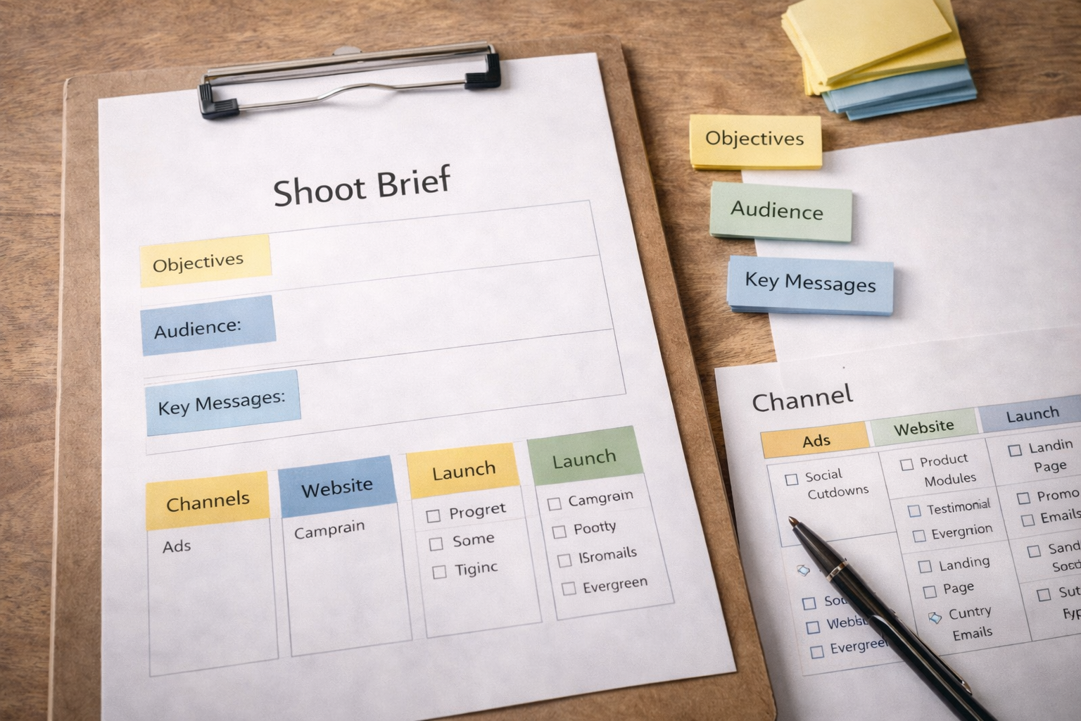 Shoot brief template used in pre-production content planning to align goals, audience, and channels