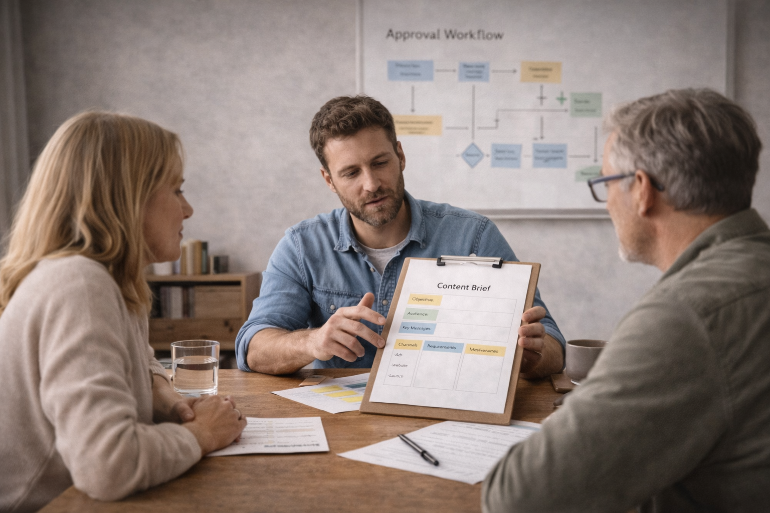 Stakeholder alignment session improving the approval workflow and reducing revision cycles