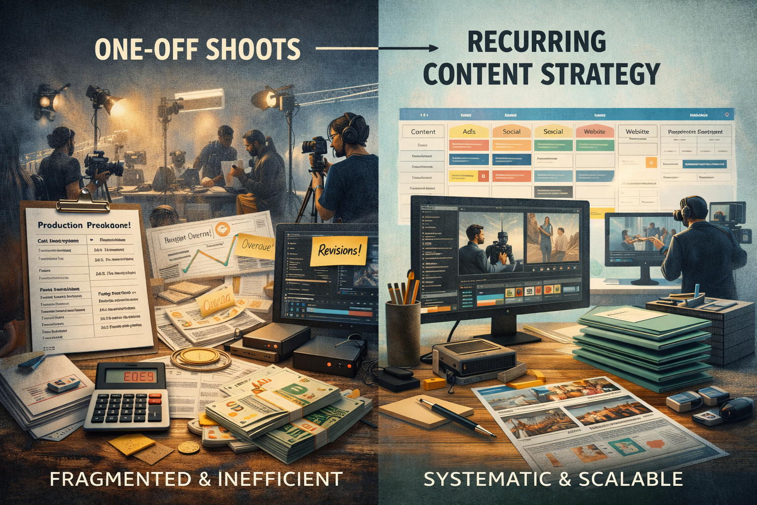 Recurring content strategy retainer versus one-off shoots to reduce inefficiencies and improve ROI