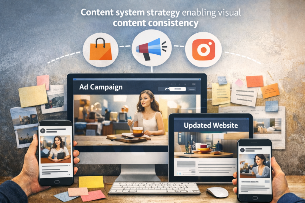 Content system strategy enabling visual content consistency across ads, website, and launch channels