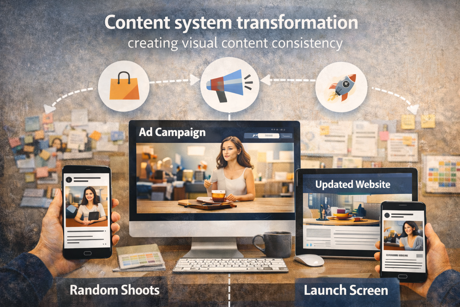 Content system transformation creating visual content consistency across ads, website, and launches