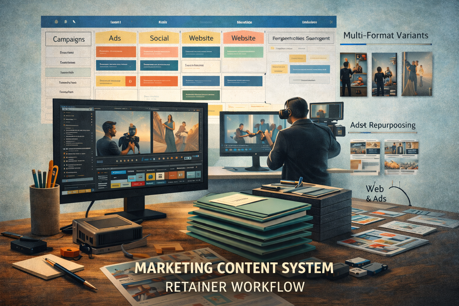 Marketing content system retainer workflow with content calendar, campaign modules, and repurposed assets