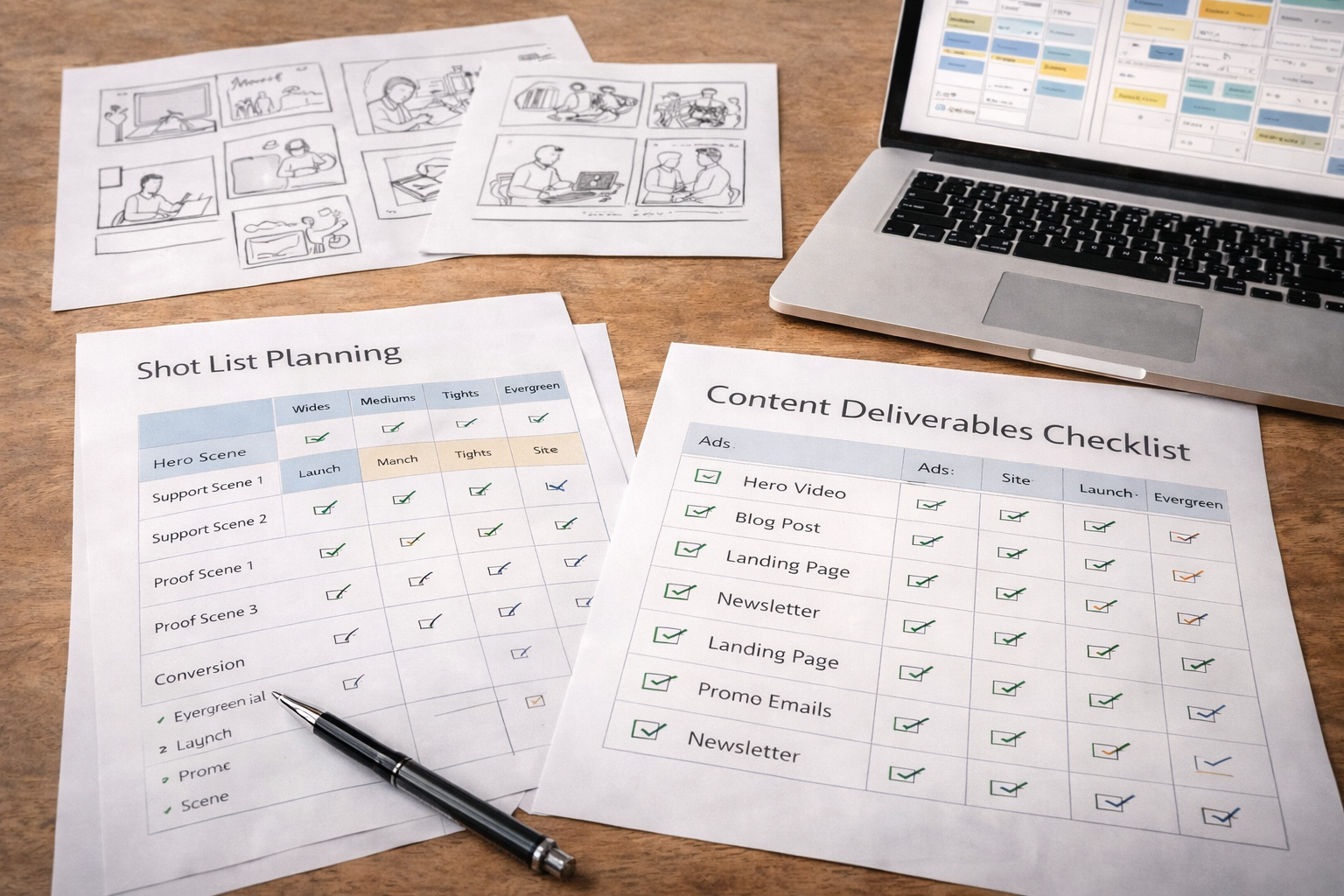 Shot list planning paired with a content deliverables checklist to prevent missed assets and rework