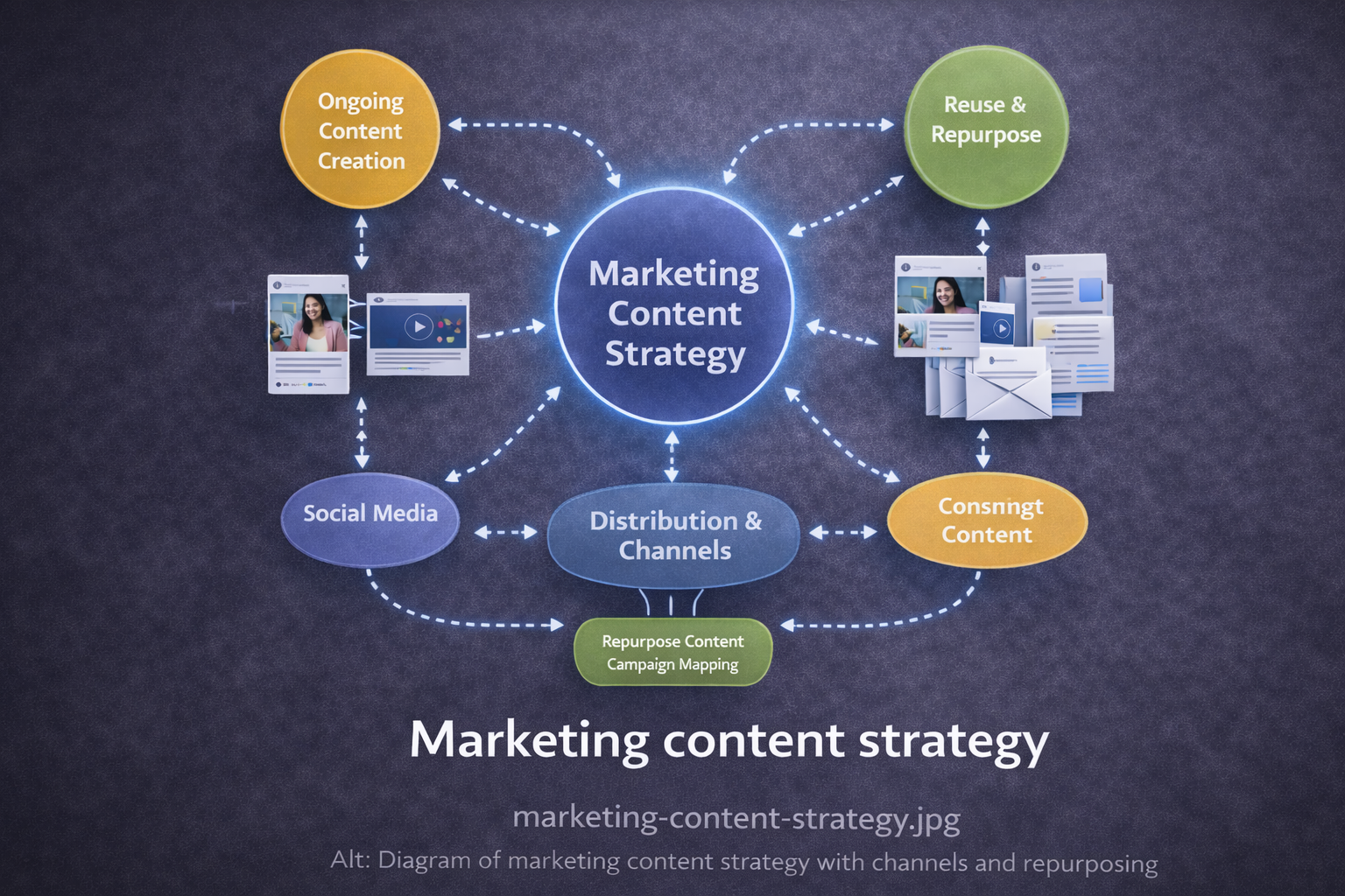 Diagram f marketing content strategy with channels and repurposing.