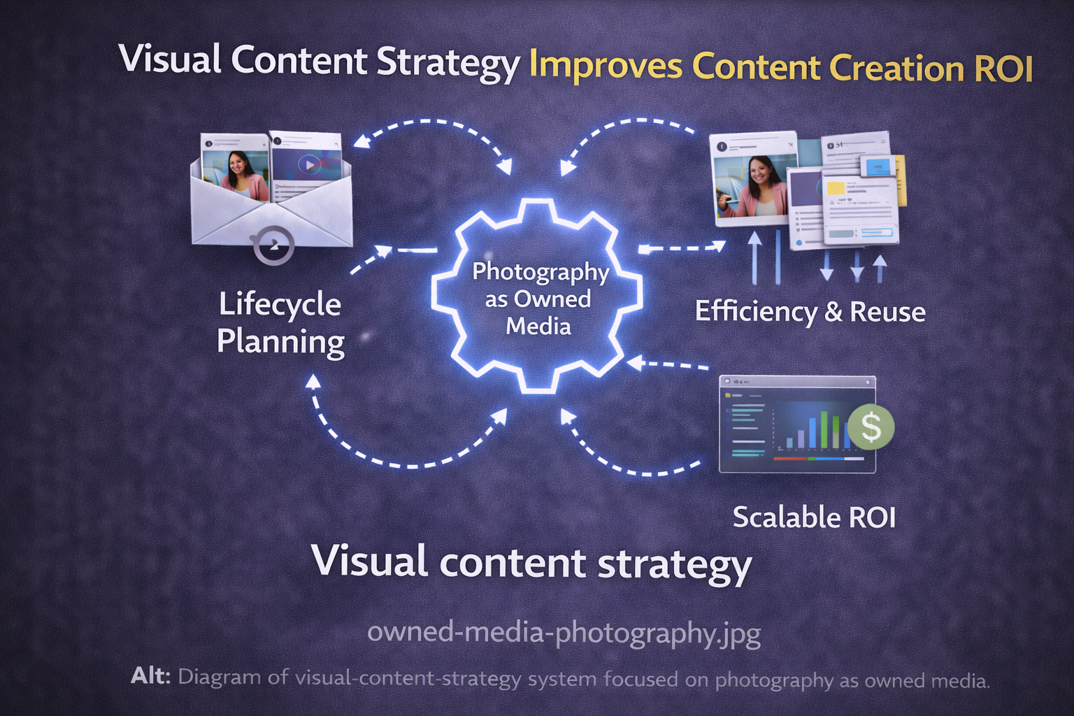 Diagram of visual content strategy system focused on photography as owned media