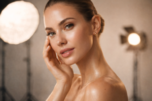Beauty campaign photography showcasing premium skincare model in studio lighting