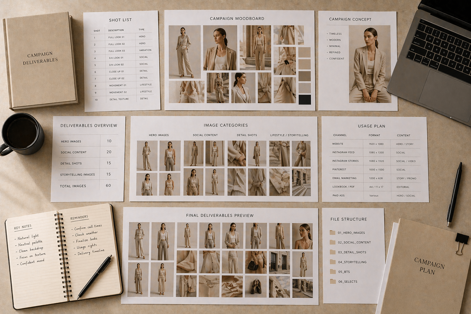 What does a campaign shoot include shown through structured fashion content production deliverables and image variations