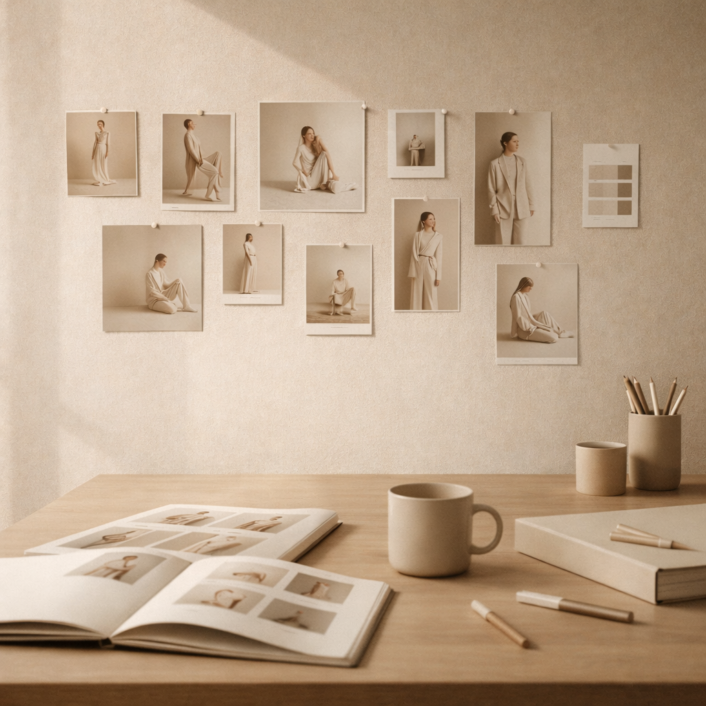 Fashion campaign photography planning with minimal art direction board and premium aesthetic