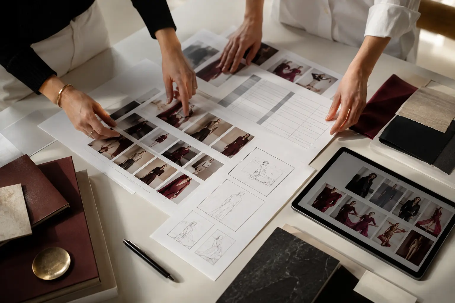 Fashion Campaign Photography: A Strategic Guide for Brands - Phil Halfmann Creative team organizing fashion campaign photography contact sheets, formats and fabric references