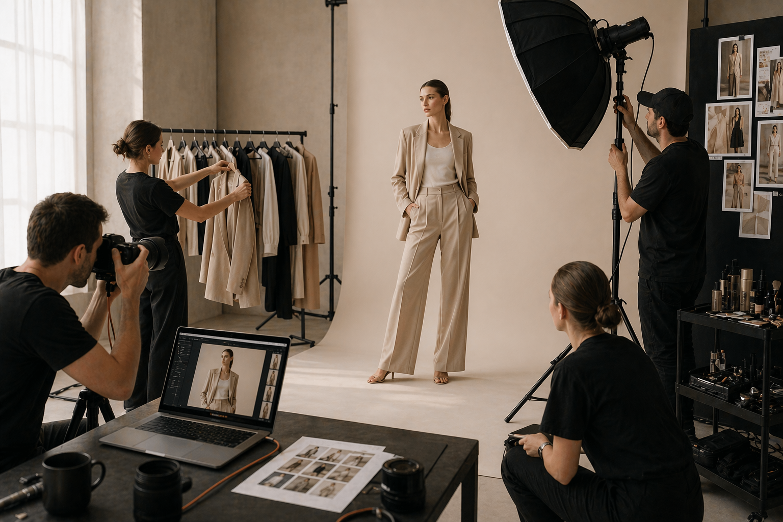 What does a campaign shoot include shown through fashion campaign photography team, model, styling, and production on set