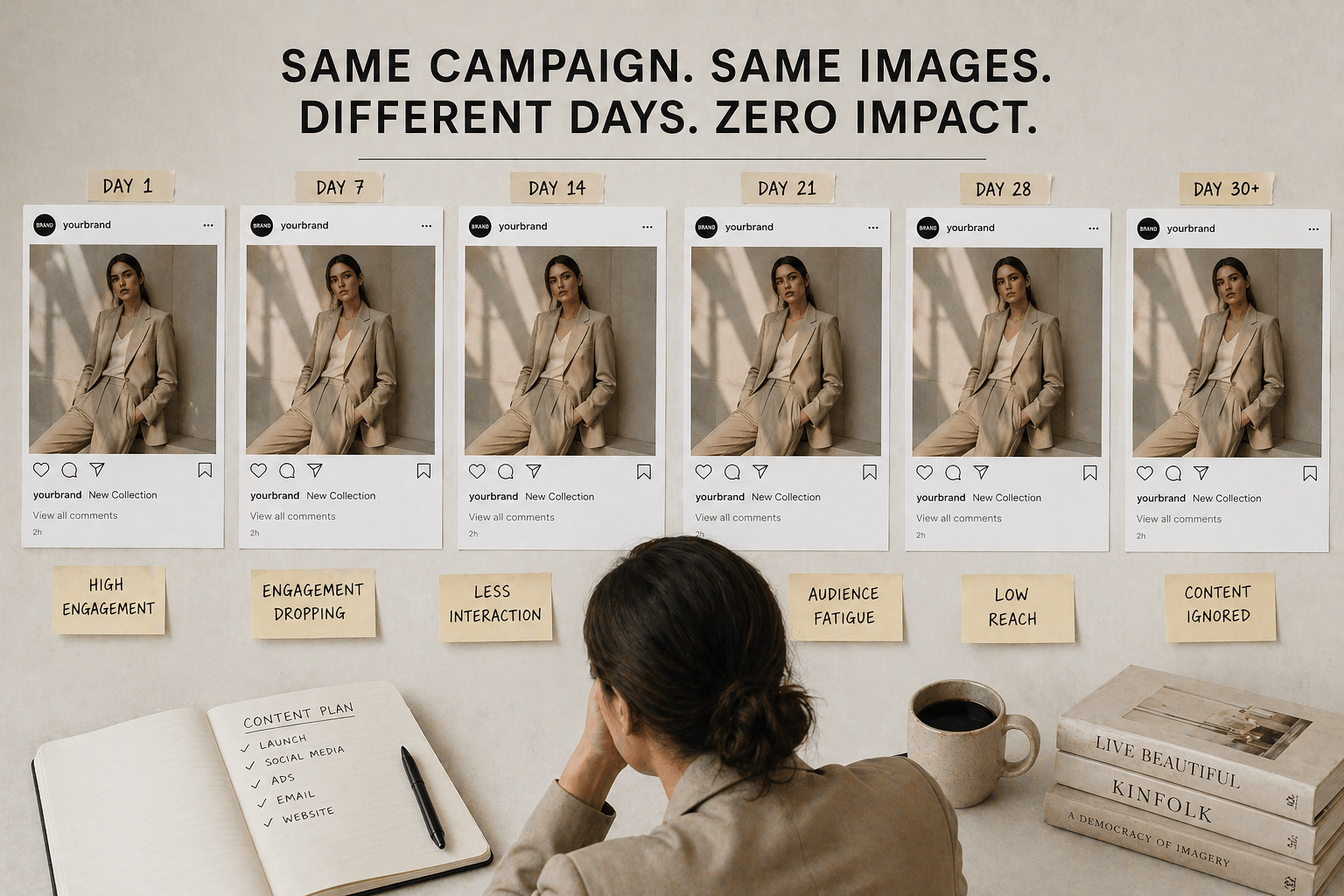 Why your campaign photos stop working after 30 days shown through repetitive fashion brand visuals
