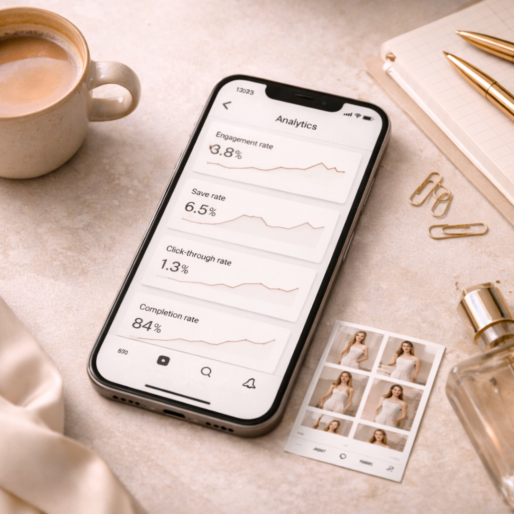 Social media engagement metrics for fashion and beauty brands shown through fashion content performance analytics
