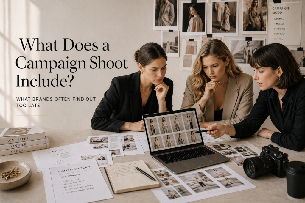 What does a campaign shoot include shown through a fashion brand team reviewing campaign shoot elements and deliverables