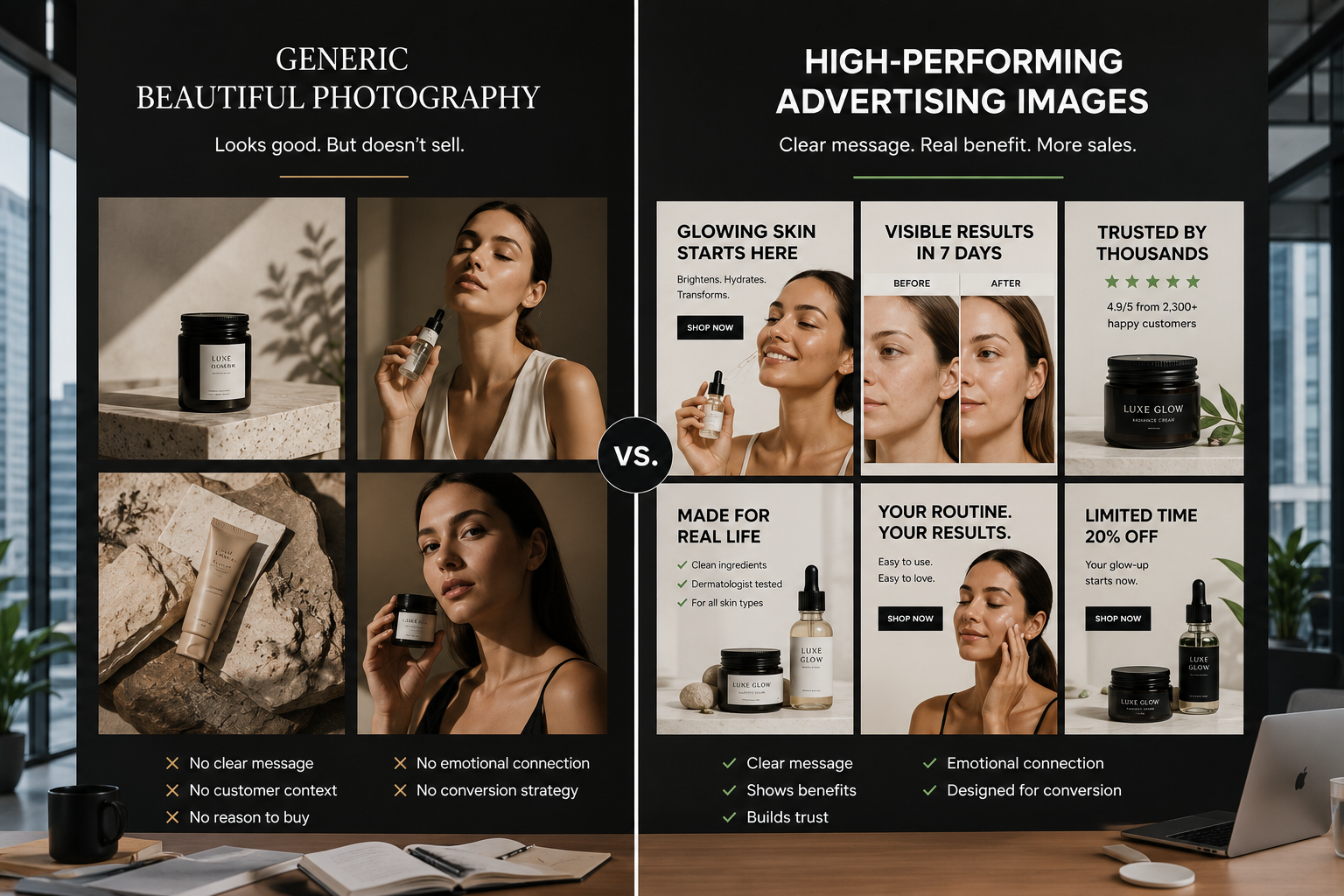 Comparison of effective advertising campaign images versus generic brand photography for paid advertising