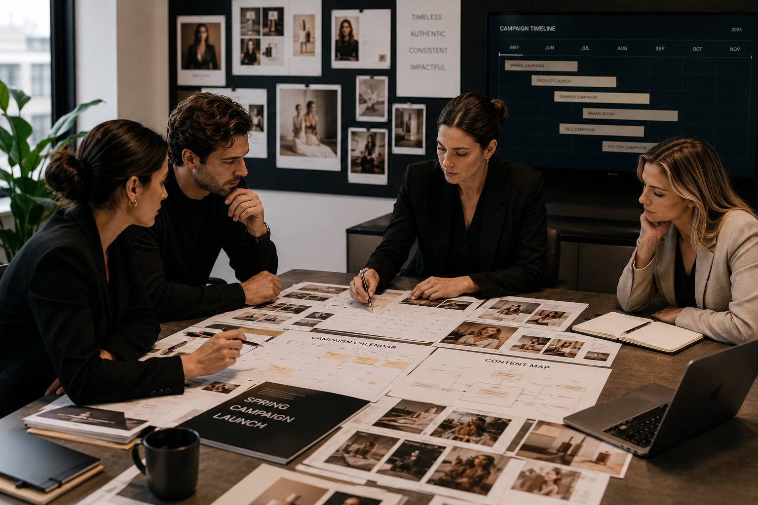 Team discussing content production planning and future campaign asset requirements