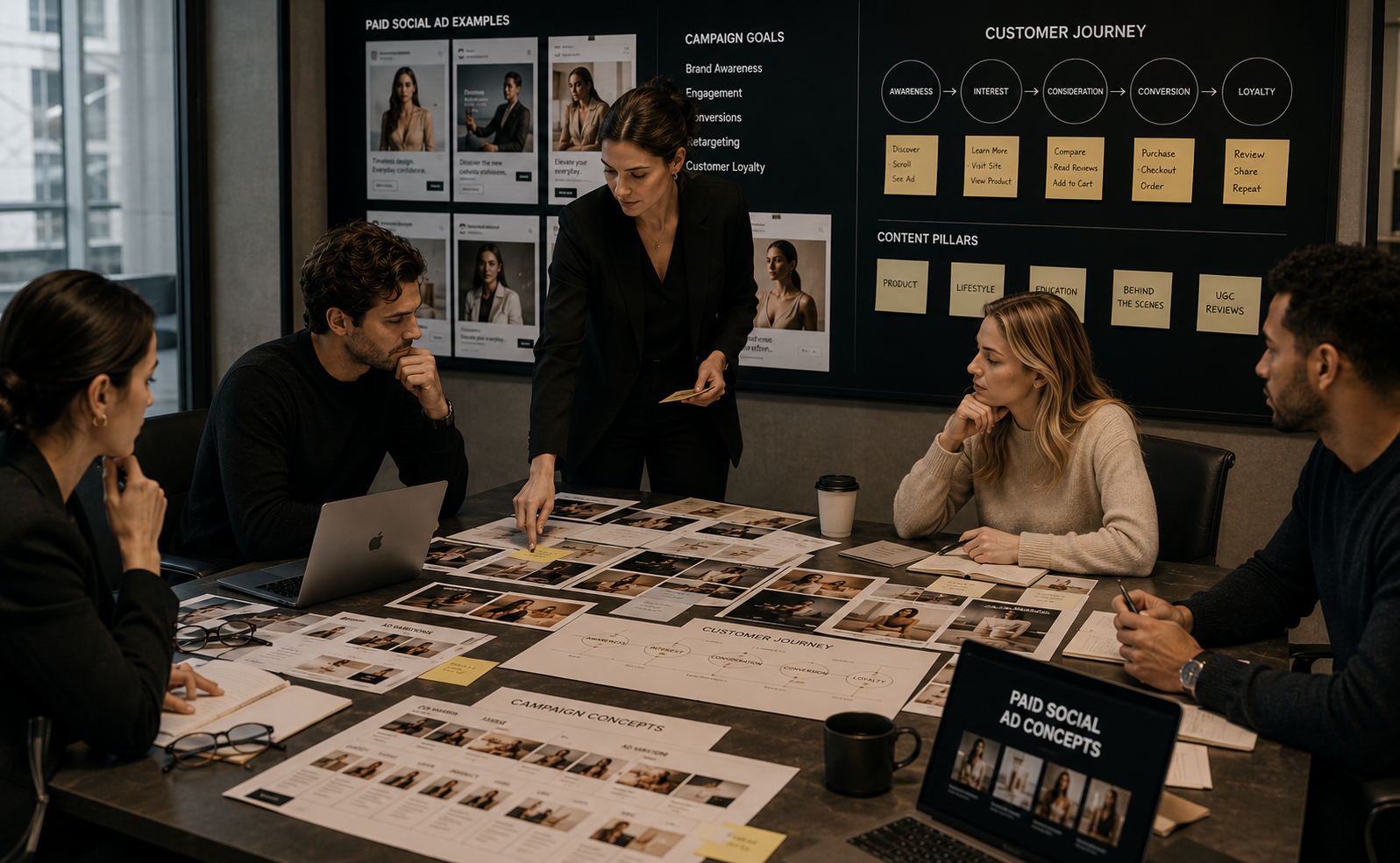 Creative marketing team planning paid social ad creatives using campaign boards, customer journey maps, and ad concepts. Premium office setting, realistic business photography.