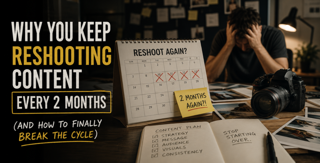 Business owner frustrated with reshooting content every 2 months while reviewing inconsistent branding visuals on laptop and phone