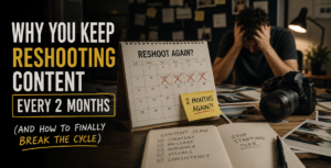 Business owner frustrated with reshooting content every 2 months while reviewing inconsistent branding visuals on laptop and phone