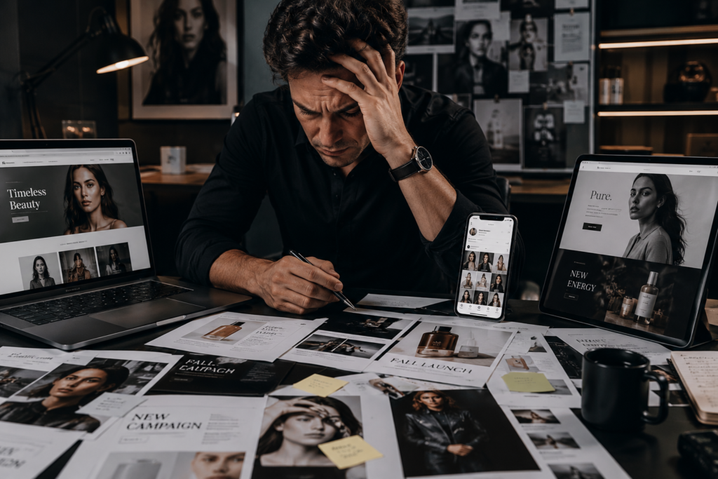 Business owner frustrated with reshooting content every 2 months while reviewing inconsistent campaign visuals