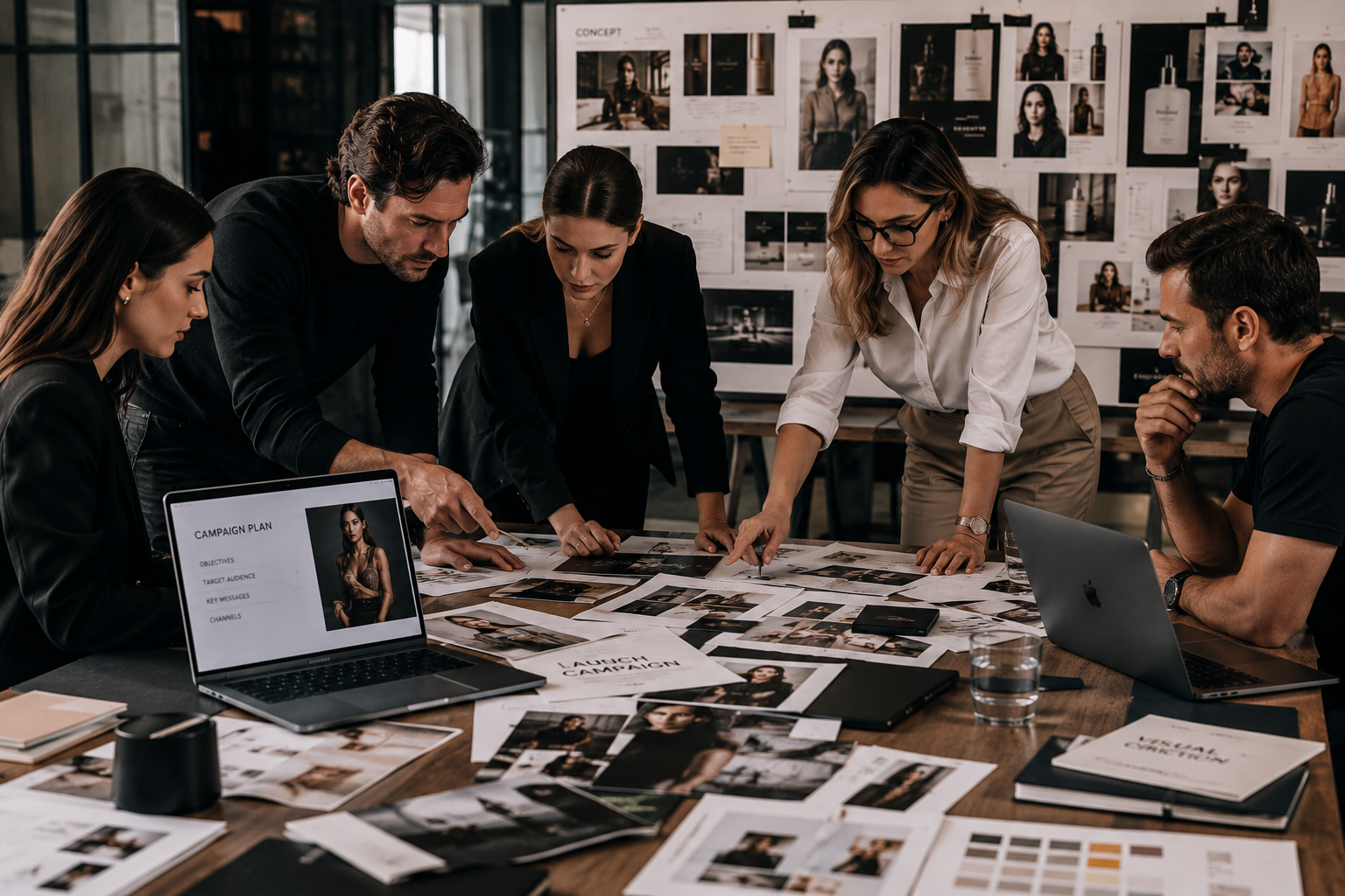 Team discussing visual content strategy and campaign photography planning during a creative marketing meeting