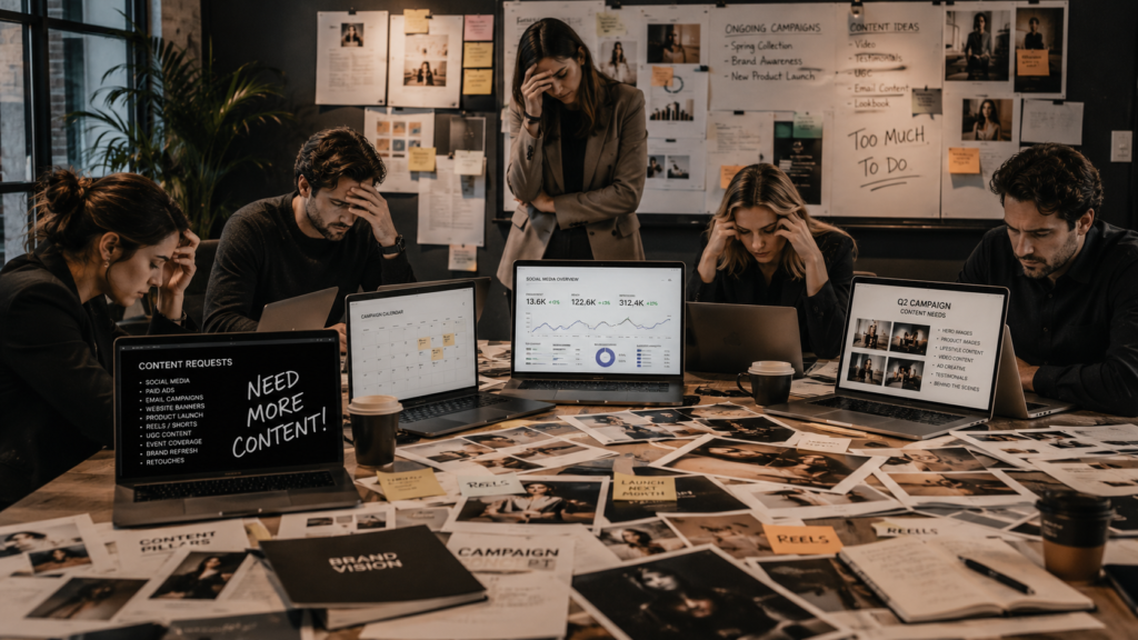 Marketing team overwhelmed by content requests while reviewing campaigns, social media assets, and production schedules