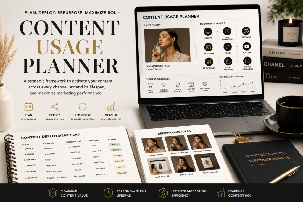 Content Usage Planner dashboard showing how marketing assets are strategically deployed, repurposed, and measured across websites, email marketing, paid advertising, social media, PR, retail partnerships, and future campaigns to maximize content ROI.