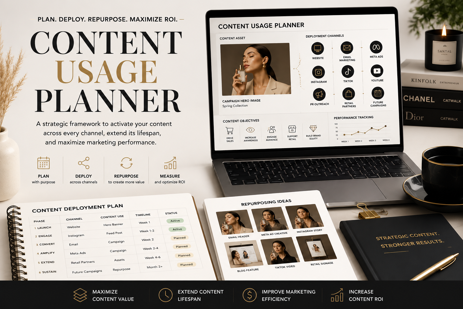 Content Usage Planner dashboard showing how marketing assets are strategically deployed, repurposed, and measured across websites, email marketing, paid advertising, social media, PR, retail partnerships, and future campaigns to maximize content ROI.