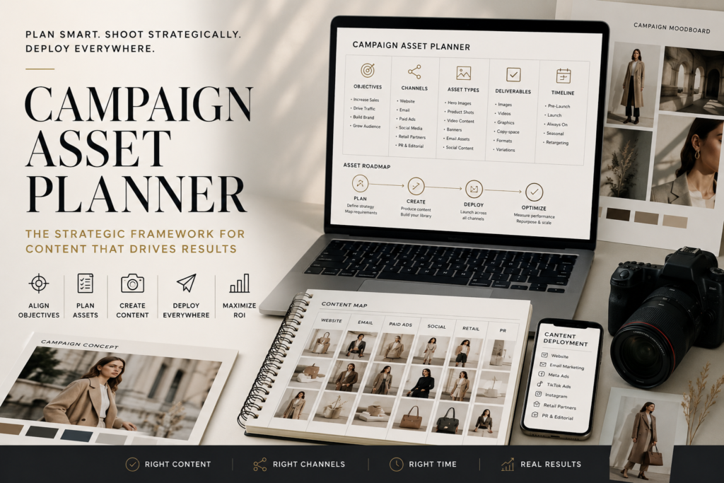 Campaign Asset Planner showing content requirements across paid ads, social media, email marketing and website channels.