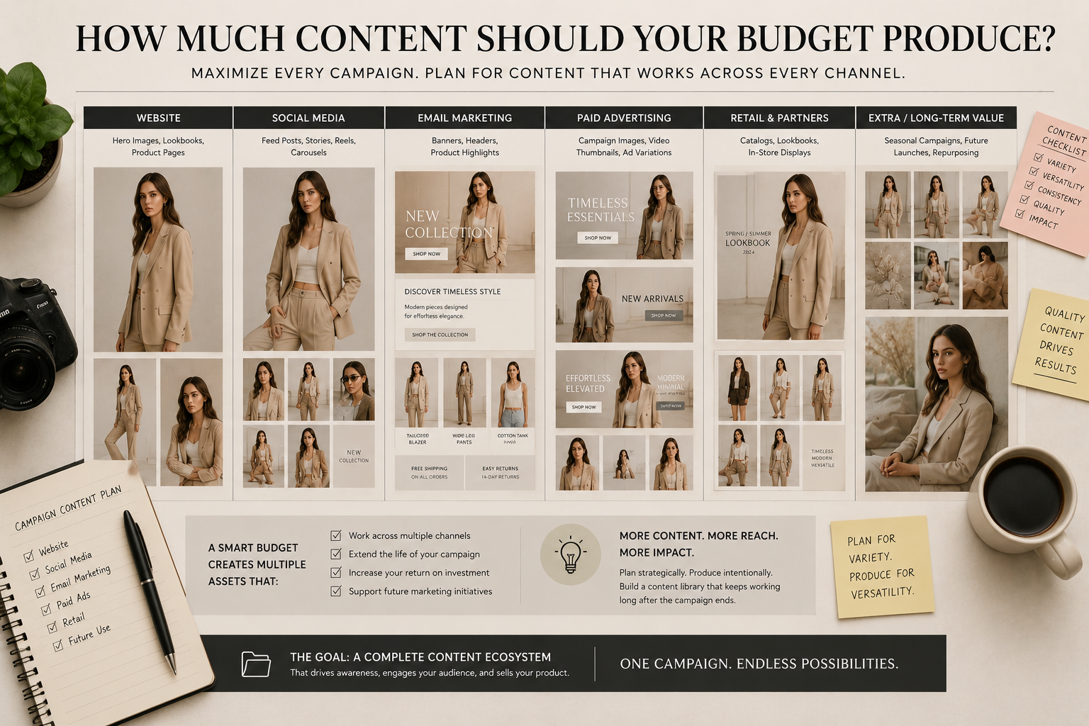 Campaign content planned for social media, website, email, and paid advertising