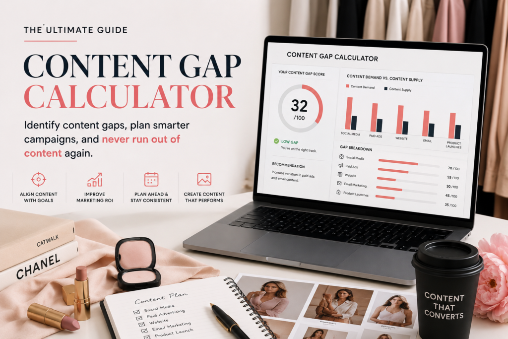 Content Gap Calculator for fashion and beauty brands showing content demand versus content supply across paid ads, social media, website, and email marketing channels.