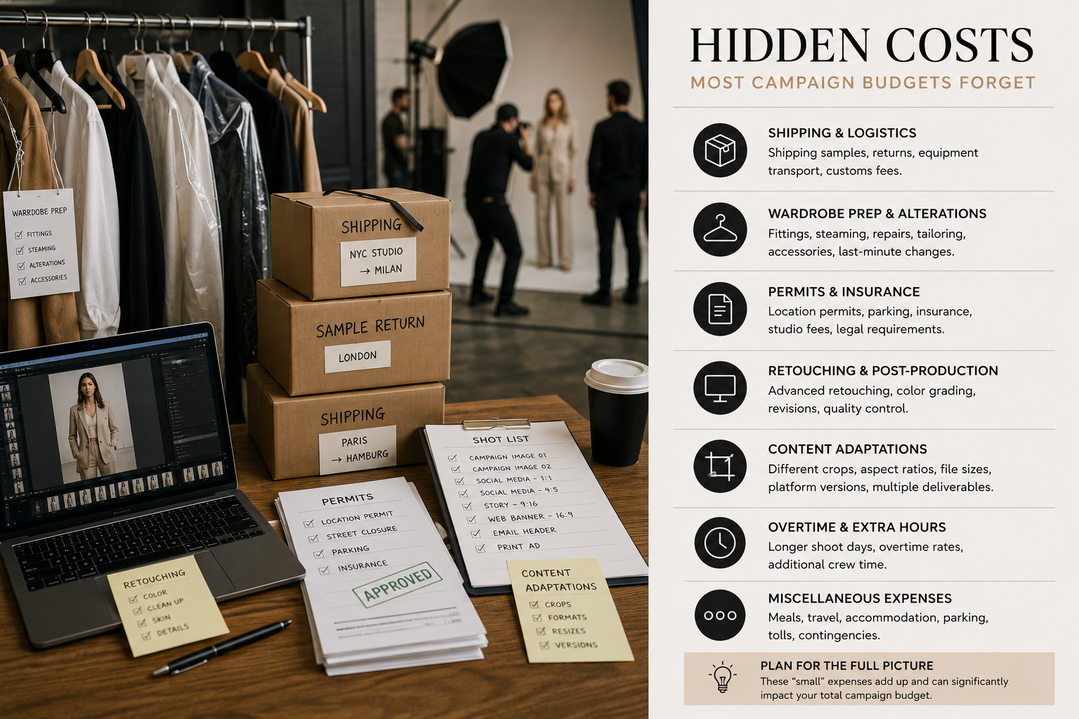 Hidden campaign costs including logistics, retouching, and content adaptations