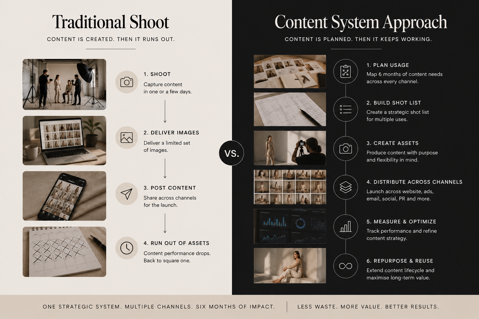 Comparison between a traditional fashion photoshoot workflow and a strategic content system designed for long-term marketing use.