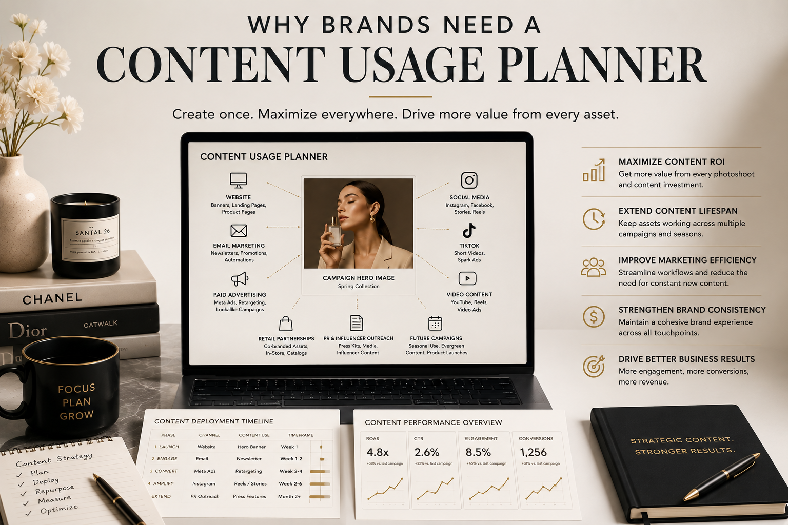 Strategic Content Usage Planner showing how brands extend content lifespan, improve marketing efficiency, strengthen brand consistency, and increase content ROI through multi-channel deployment.
