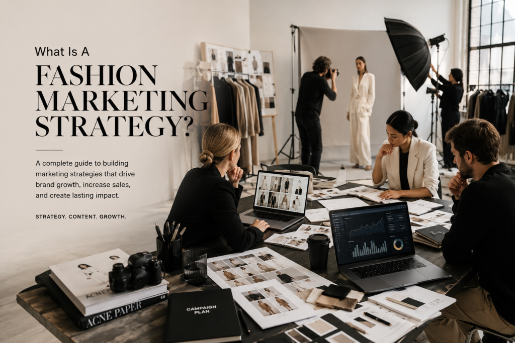 Fashion marketing strategy planning session with a creative team reviewing campaign concepts, analytics, and fashion photography before a commercial collection launch.